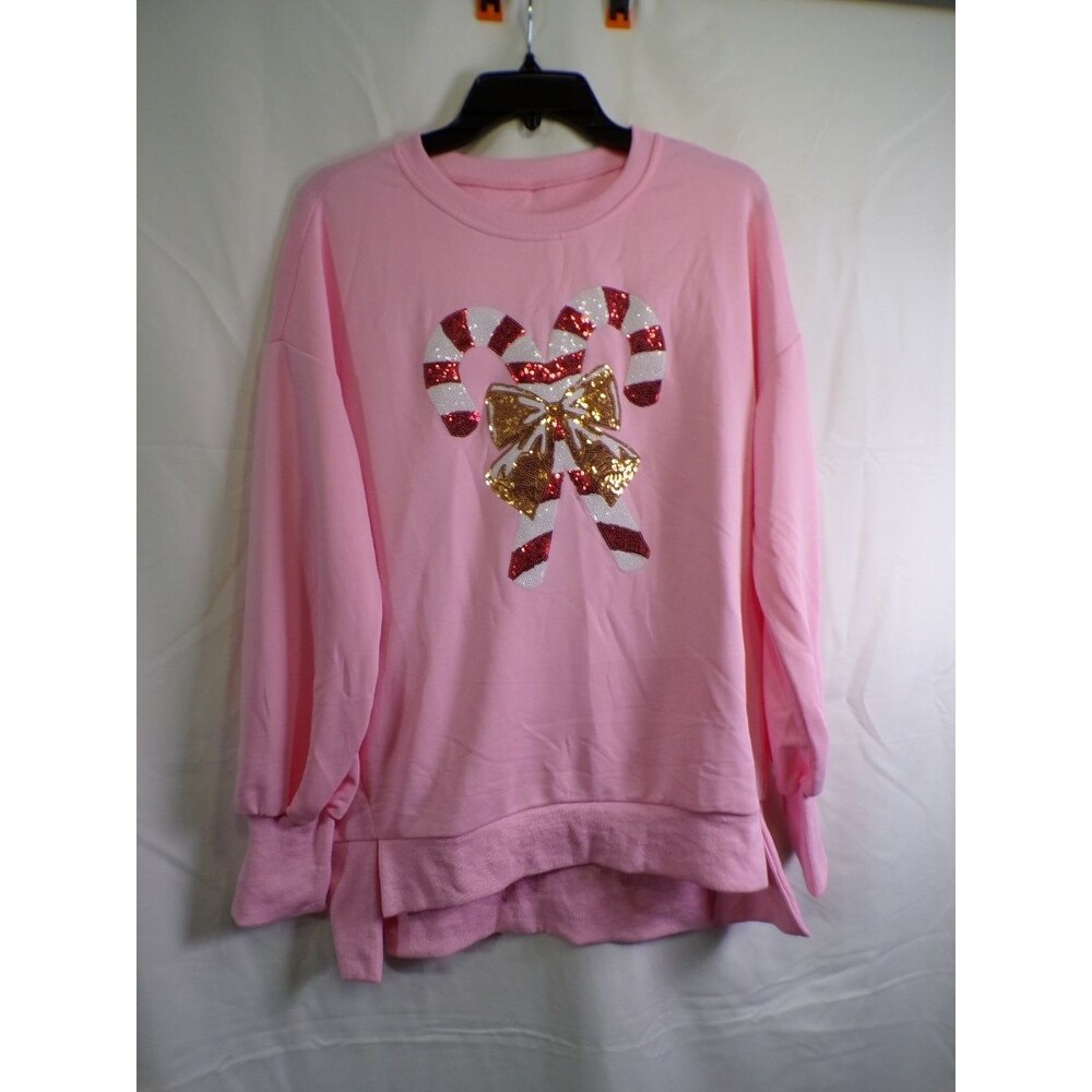 Women's Pink Sequin Candy Cane Sweatshirt Crew Neck Size M Holiday Pullover
